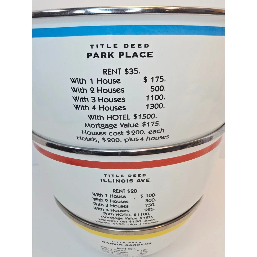 Hasbro Monopoly Enamelware Nesting Bowls Set of 3‎ Park Place Illinois Marvin